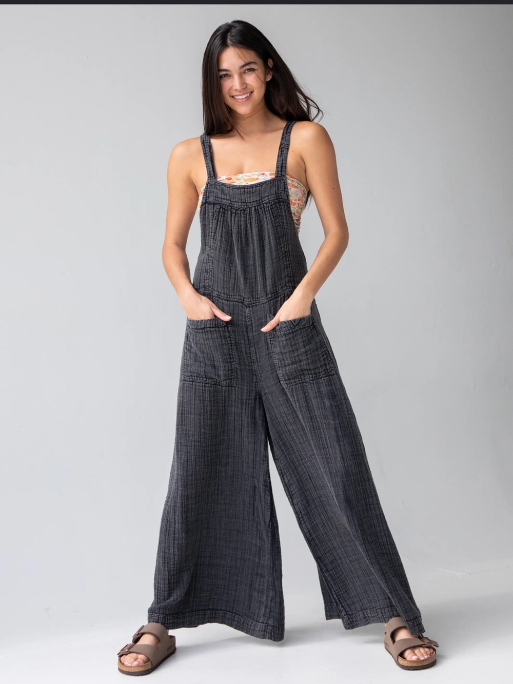 Natural Life Dakota Gauze Wide Leg Overalls Women’s XS Gray Jumpsuit Boho B4